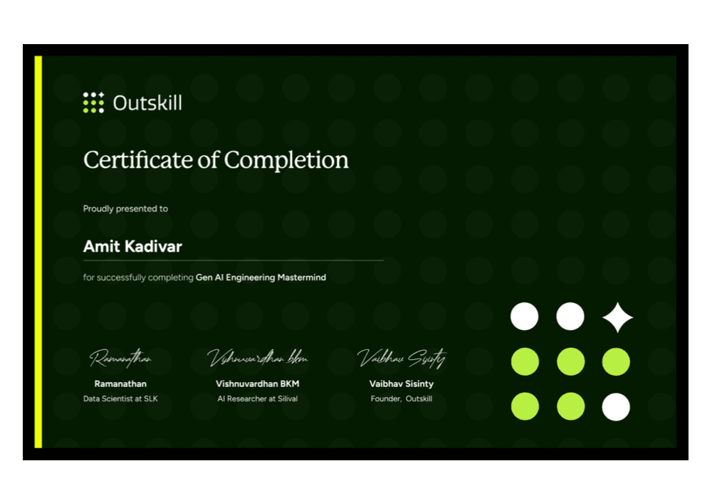 Gen AI Engineering Mastermind certificate from Outskill